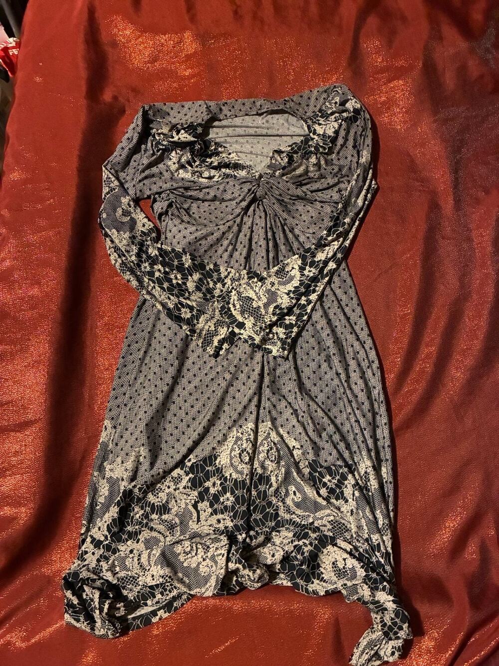 Mlle Demoiselle Dress Womens Long Sleeve Knot Front Lace Print Navy White Ruched
